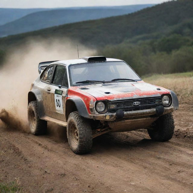 A high-octane image of a rally car, showcasing its rugged build and ready-to-race in an off-road setting.