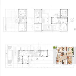 Architectural blueprint of a 150m² house with 3 bedrooms, 2 bathrooms, a kitchen, and a guest room.