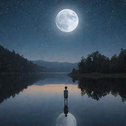 A serene night scene with a young boy standing by a calm lake, bathed in the gentle glow of the moon. Stars twinkle in the dark sky, providing a mesmerizing backdrop, and ambient nature noises enhance the tranquility.