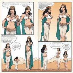 A high-quality comic strip depicting the journey of a fit, attractive white belly dancer