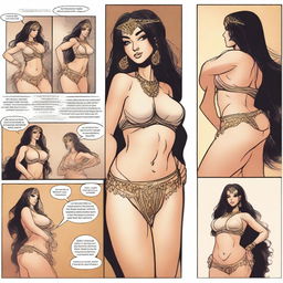 A high-quality comic strip depicting the journey of a fit, attractive white belly dancer