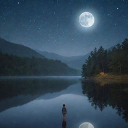 A serene night scene with a young boy standing by a calm lake, bathed in the gentle glow of the moon. Stars twinkle in the dark sky, providing a mesmerizing backdrop, and ambient nature noises enhance the tranquility.