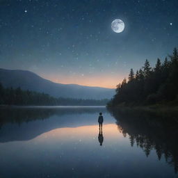 A serene night scene with a young boy standing by a calm lake, bathed in the gentle glow of the moon. Stars twinkle in the dark sky, providing a mesmerizing backdrop, and ambient nature noises enhance the tranquility.