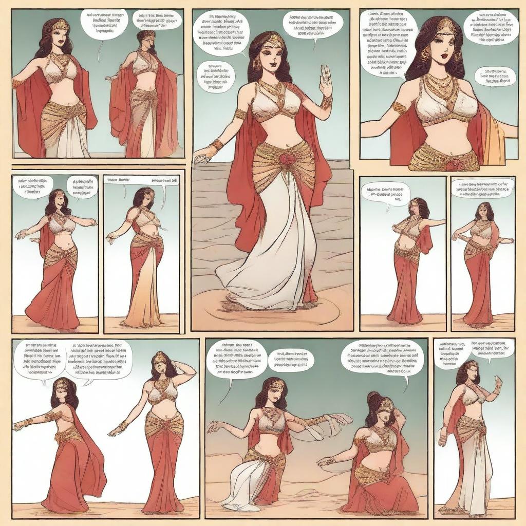 A high-quality comic strip featuring a fit, attractive, white belly dancer