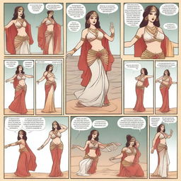 A high-quality comic strip featuring a fit, attractive, white belly dancer