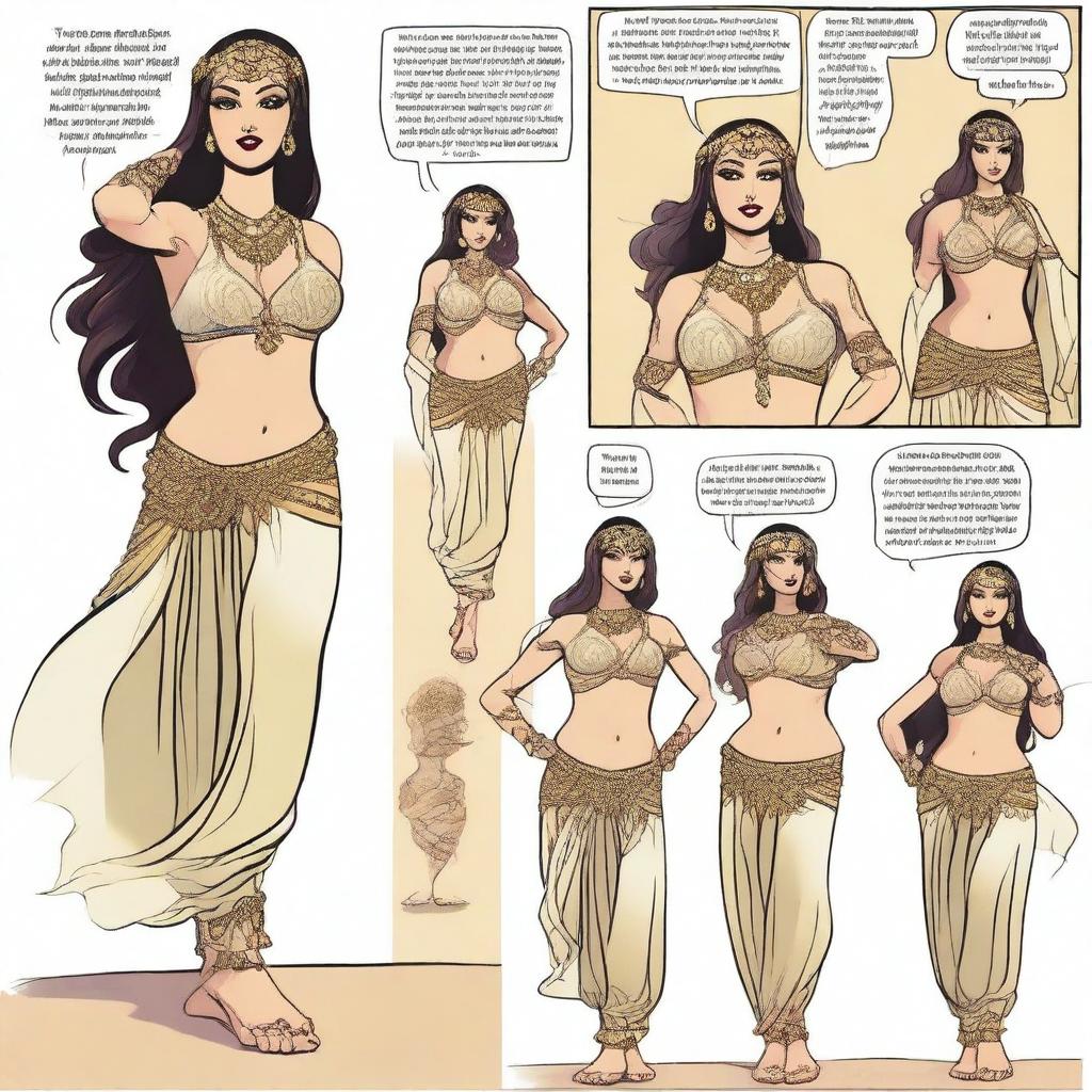 A high-quality comic strip featuring a fit, attractive, white belly dancer