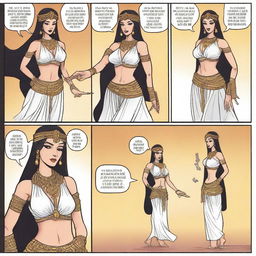 A high-quality comic strip featuring a fit, attractive, white belly dancer