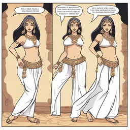 A high-quality comic strip featuring a fit, attractive, white belly dancer