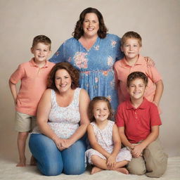 A charming, full-figured mother surrounded by her seven children, three boys and four girls, all with joyful expressions on their faces.