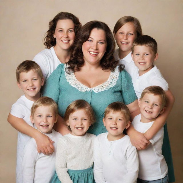 A charming, full-figured mother surrounded by her seven children, three boys and four girls, all with joyful expressions on their faces.