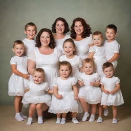 A charming, full-figured mother surrounded by her seven children, three boys and four girls, all with joyful expressions on their faces.