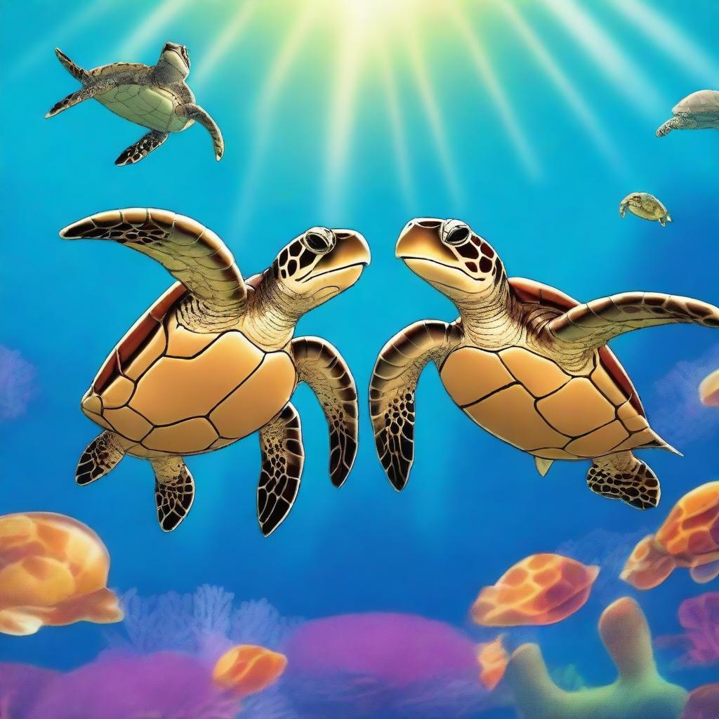 A high-quality, vividly colored cartoon animation showcasing two sea turtles deeply in love