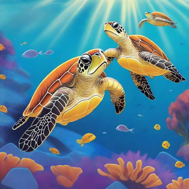 A high-quality, vividly colored cartoon animation showcasing two sea turtles deeply in love