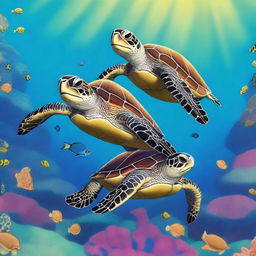 A high-quality, vividly colored cartoon animation showcasing two sea turtles deeply in love