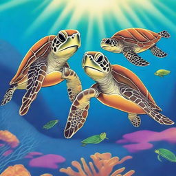 A high-quality, vividly colored cartoon animation showcasing two sea turtles deeply in love