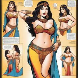 A high-quality, vibrant comic strip illustrating the journey of a sultry belly dancer as she embraces a fuller figure