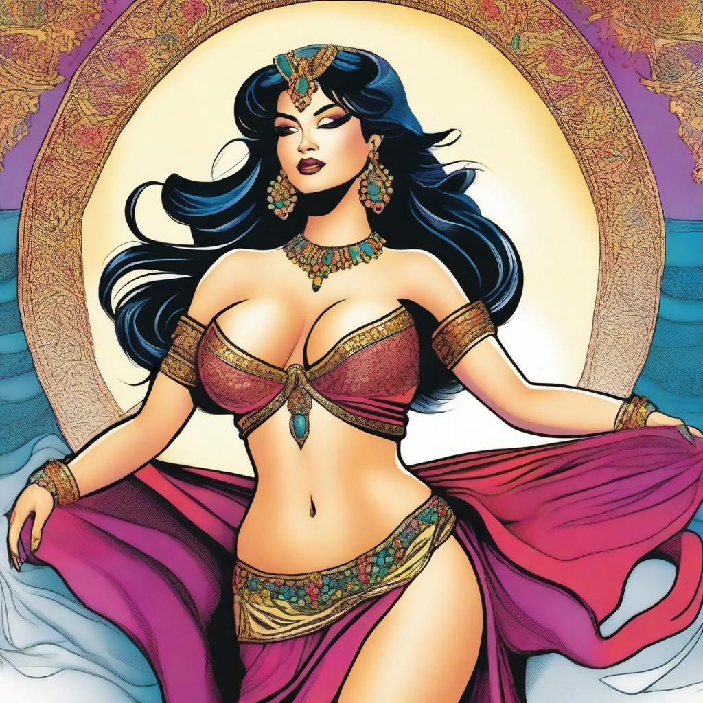 A high-quality, vibrant comic strip illustrating the journey of a sultry belly dancer as she embraces a fuller figure