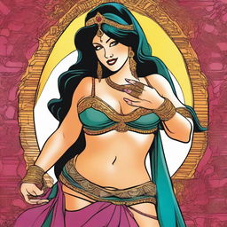 A high-quality, vibrant comic strip illustrating the journey of a sultry belly dancer as she embraces a fuller figure