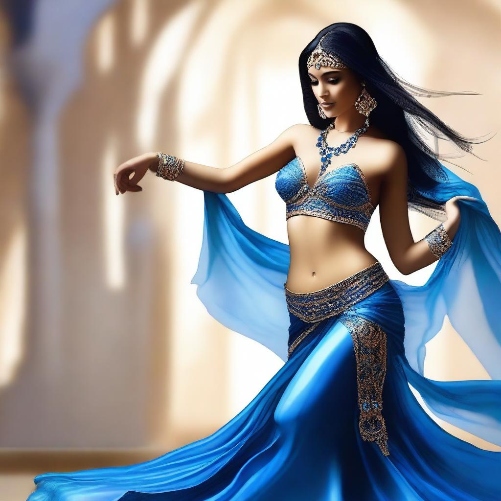 A high-quality digital art piece featuring a charismatic belly dancer in the spotlight