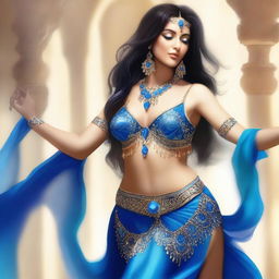 A high-quality digital art piece featuring a charismatic belly dancer in the spotlight