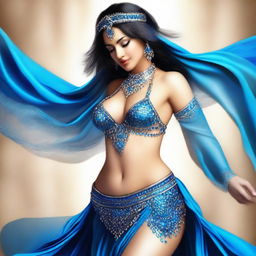 A high-quality digital art piece featuring a charismatic belly dancer in the spotlight