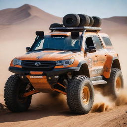 A vivid depiction of a Dakar rally car: rugged, heavily armored, and equipped with large tires, prepared for the most challenging desert terrains.