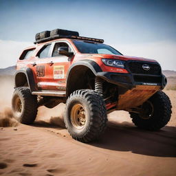 A vivid depiction of a Dakar rally car: rugged, heavily armored, and equipped with large tires, prepared for the most challenging desert terrains.