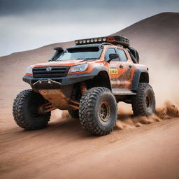 A vivid depiction of a Dakar rally car: rugged, heavily armored, and equipped with large tires, prepared for the most challenging desert terrains.