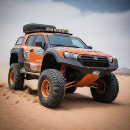 A vivid depiction of a Dakar rally car: rugged, heavily armored, and equipped with large tires, prepared for the most challenging desert terrains.