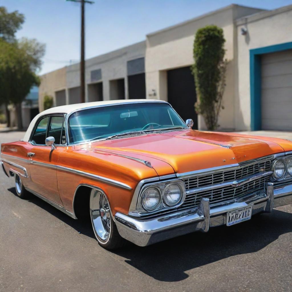 A vibrant and detailed image of a classic lowrider car, with its frame lowered nearly to the road and custom paintwork.