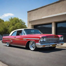 A vibrant and detailed image of a classic lowrider car, with its frame lowered nearly to the road and custom paintwork.