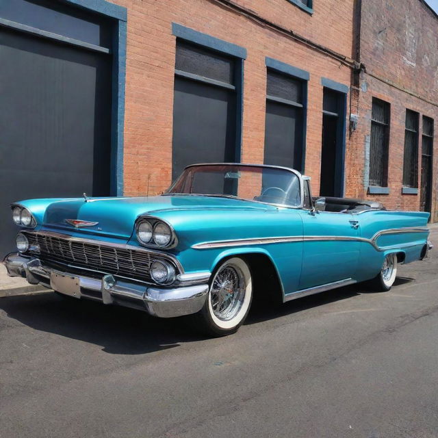 A vibrant and detailed image of a classic lowrider car, with its frame lowered nearly to the road and custom paintwork.