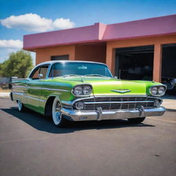 A vibrant and detailed image of a classic lowrider car, with its frame lowered nearly to the road and custom paintwork.