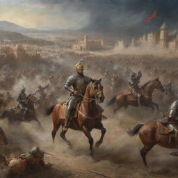 A detailed historical battle scene of Timur and Mazandarani. Include knights in traditional armor, horses in mid-gallop, archers in action, and an atmosphere of intense confrontation under a chaotic sky.