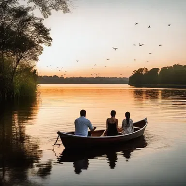 The couple sat by the tranquil lake, enjoying the sunset and the company of the romantic coney swimming gracefully in the water.