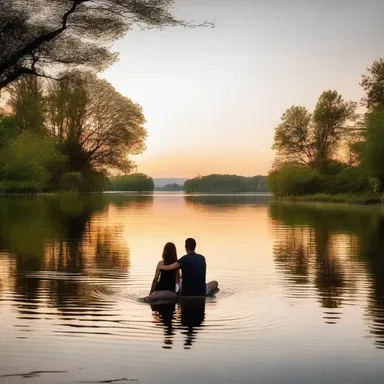 The couple sat by the tranquil lake, enjoying the sunset and the company of the romantic coney swimming gracefully in the water.