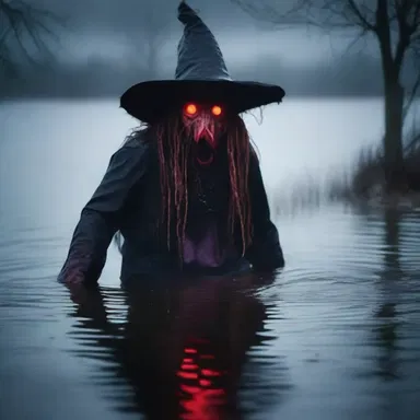 As the storm raged outside, the group of friends stumbled upon a lake cursed by an ancient witch, where the horrifying coney with glowing red eyes emerged from the depths.