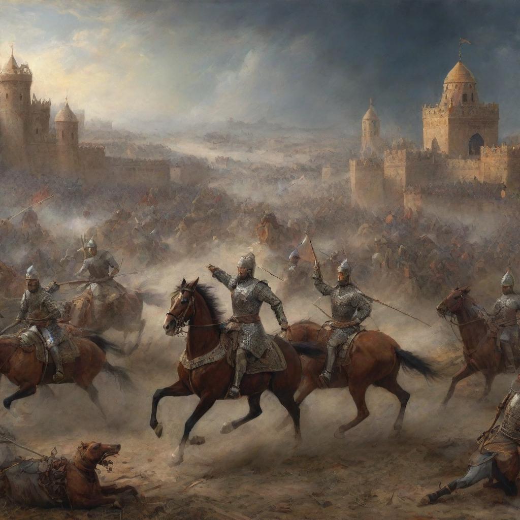 A detailed historical battle scene of Timur and Mazandarani. Include knights in traditional armor, horses in mid-gallop, archers in action, and an atmosphere of intense confrontation under a chaotic sky.