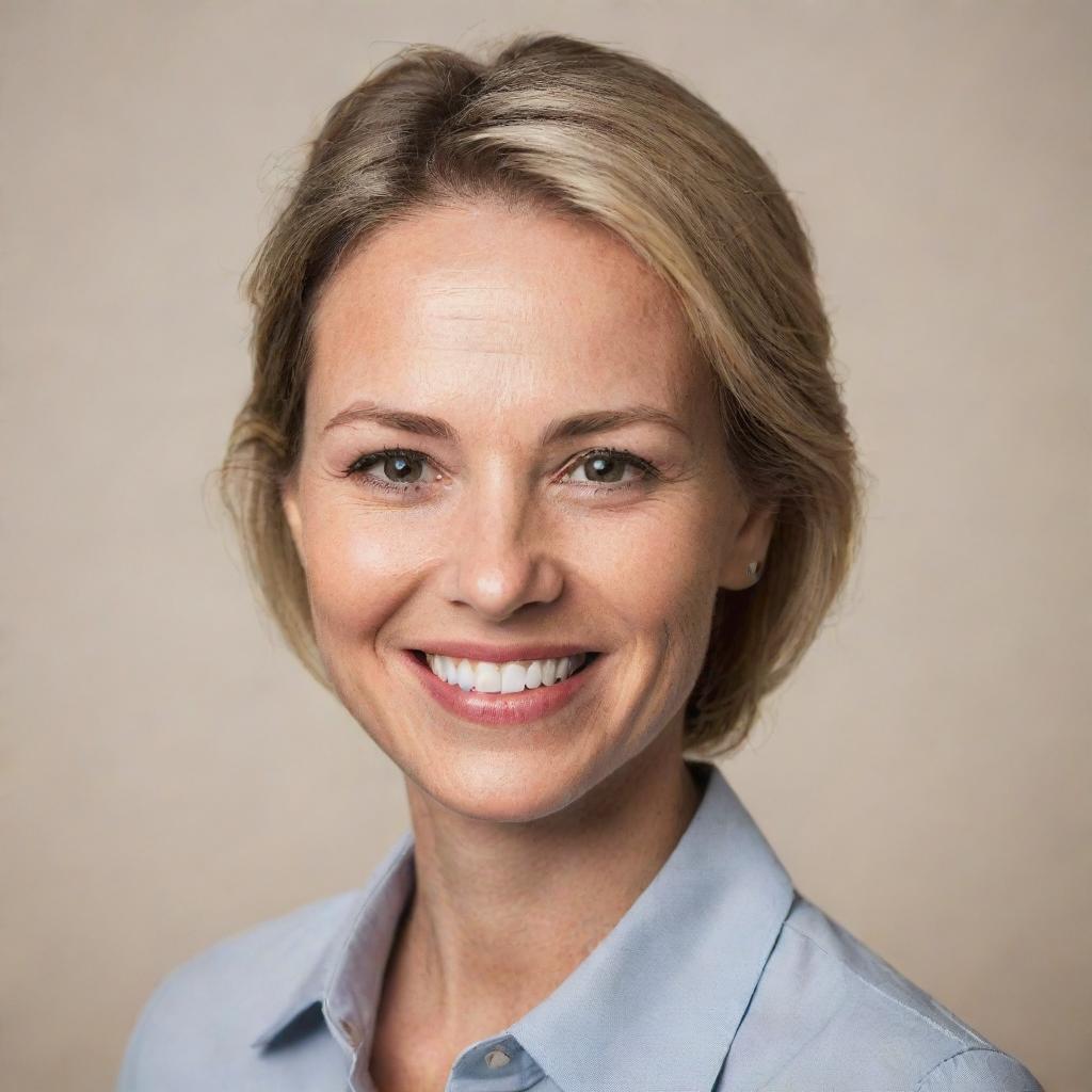 A polished professional business headshot of an individual smiling against a neutral background