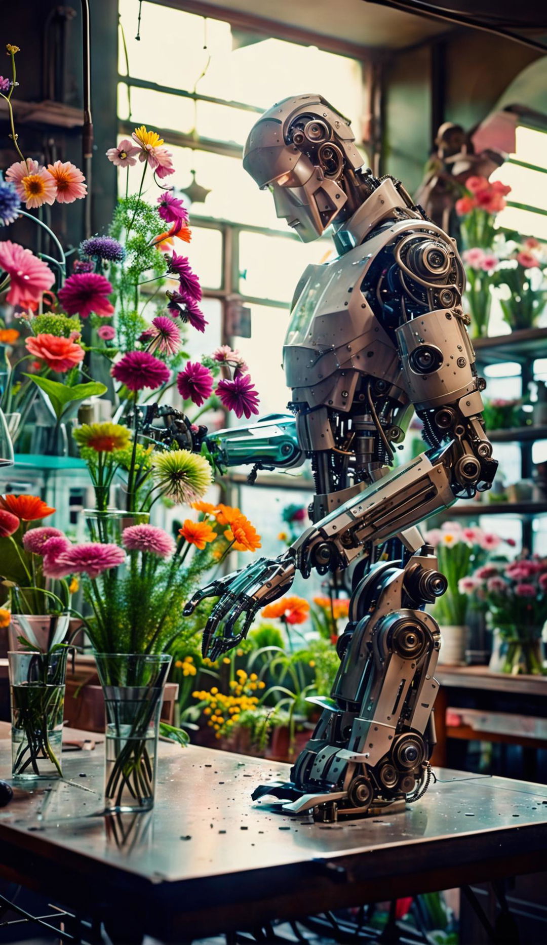 A human cyborg florist with translucent skin revealing mechanical and organic components works in a flower shop filled with both natural and mechanical flowers.