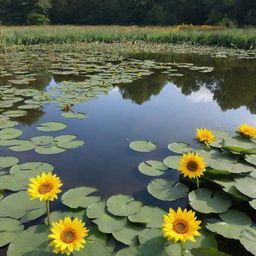 A serene pond with blooming sunflowers and waterlilies under a bright sky