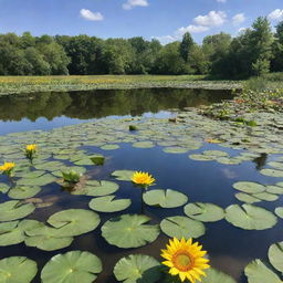 A serene pond with blooming sunflowers and waterlilies under a bright sky