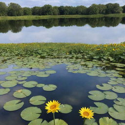 A serene pond with blooming sunflowers and waterlilies under a bright sky