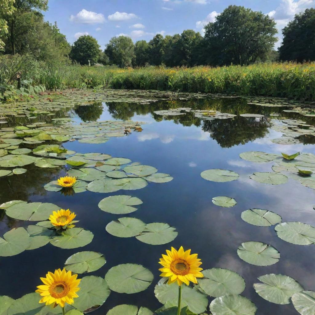 A serene pond with blooming sunflowers and waterlilies under a bright sky