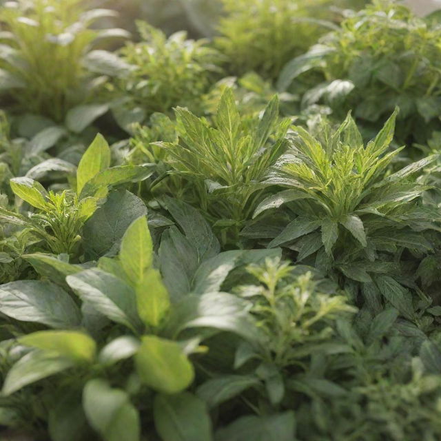 A detailed view of lush, vibrant herbs of various types, beautifully arranged in front of a bright sunlight.