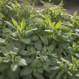 A detailed view of lush, vibrant herbs of various types, beautifully arranged in front of a bright sunlight.