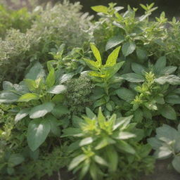 A detailed view of lush, vibrant herbs of various types, beautifully arranged in front of a bright sunlight.