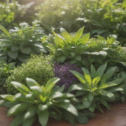 A detailed view of lush, vibrant herbs of various types, beautifully arranged in front of a bright sunlight.