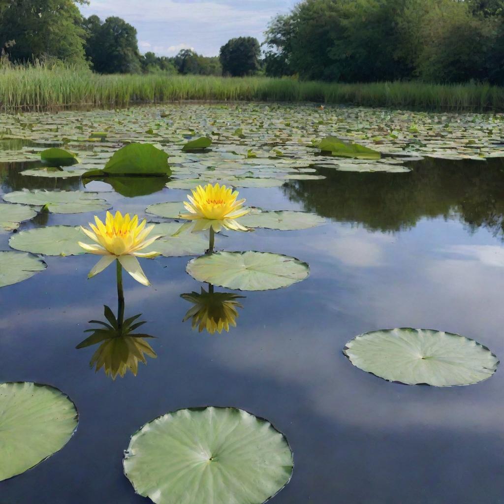 A serene pond with a single strikingly prominent waterlily floating and a single towering sunflower blooming beside it under a bright sky