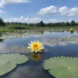 A serene pond with a single strikingly prominent waterlily floating and a single towering sunflower blooming beside it under a bright sky